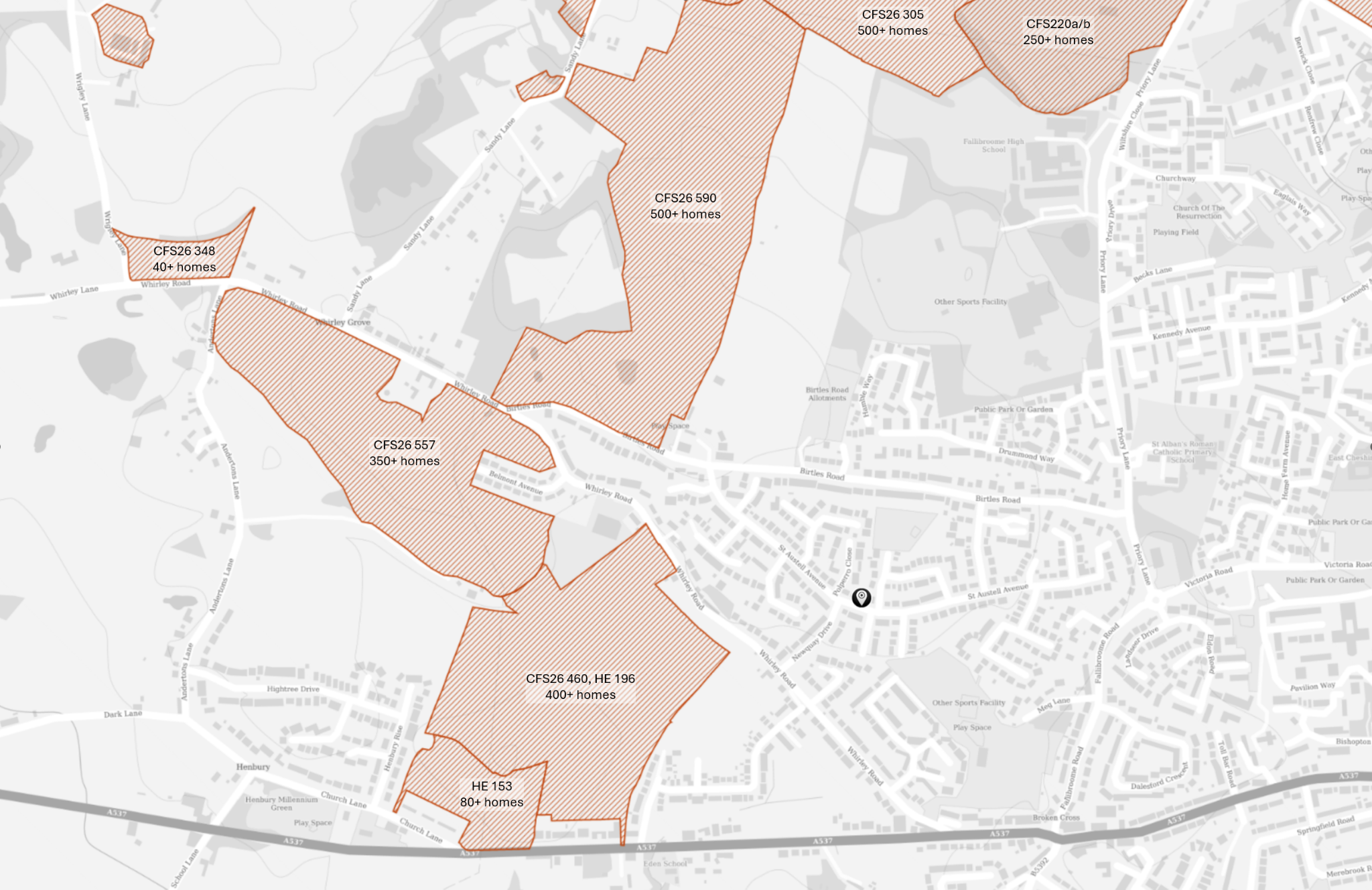 Map showing orange-hatched submitted sites around Greenside, Whirley Road, Birtles Road, Church Lane and the A537